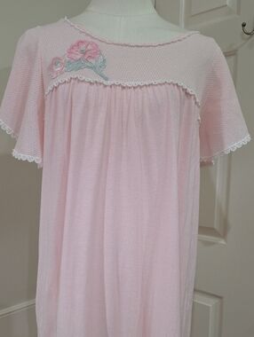 Vintage Shadowline Pink Maxi Nightgown Lace Embroidered Floral Size Small